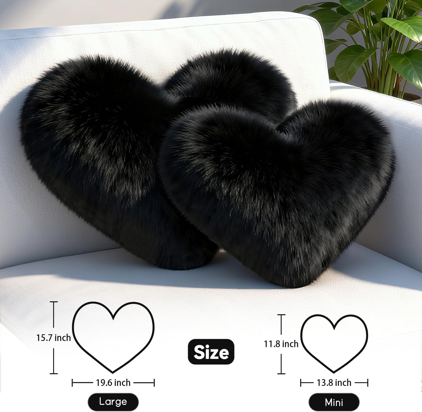Black Heart Pillow, Faux Fox Fur Heart Decorative Pillows, Heart Shaped Throw Pillow for Bed, Soft Fluffy Decorative Cushion for Chair Sofa Living Room - Plush Pillow Home Decor