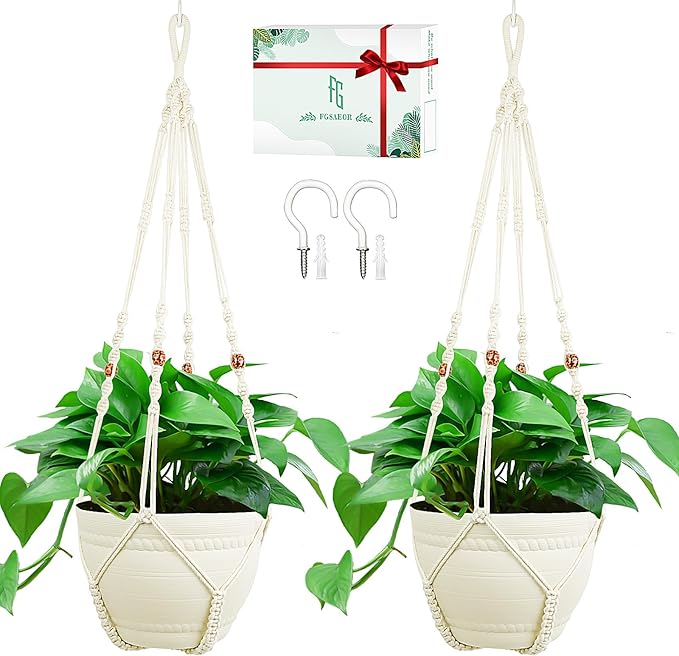 FGSAEOR Macrame Plant Holder Hanger, Hanging 3-15 inch Pot, Bearing 20lb Planters, DIY Handmade Hanging Planter Basket, 35-Inch Extra Long Strong Boho Home Indoor Outdoor Décor (2-Pack) (Ivory)