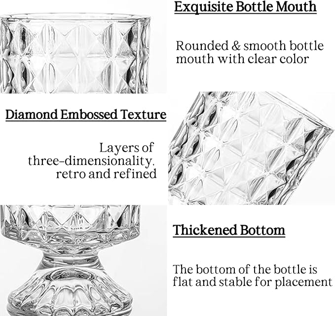 BLOFLO Embossed Glass Vase, 7'' Crystal Glass Vases for Flowers, Pedestal Big Base Glass Bouquet Vase, Hydroponic Glass Transparent Vase for Home Office Wedding Dining Table Party