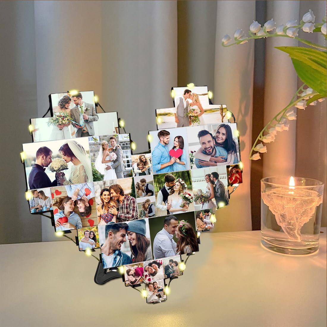 Heart Picture Frames Collage with custom 15 photo Wall Hanging Picture Frame with Led Light, Multi Photo Frame Collage for Family Pictures Wall Decor Gift For Mom Dad Father Lover Wife (15photo +dad)