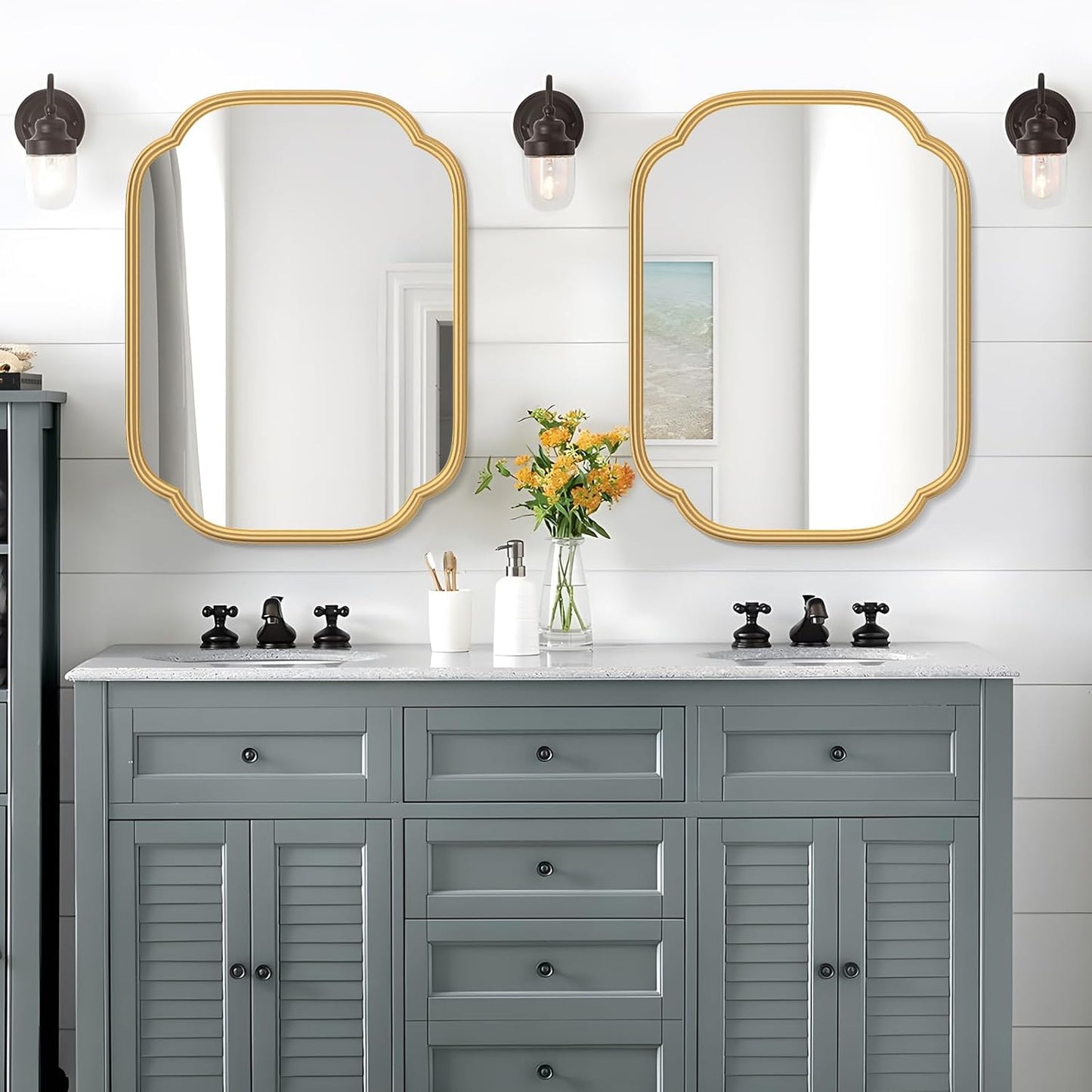 Gold Mirrors for Bathroom, 18" x 24" Rectangular Wall Mirror for Bathroom Metal Frame Farmhouse Rounded Corner Wall Mirror (Horizontal/Vertical)