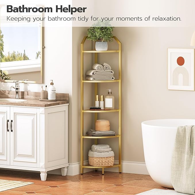 HOOBRO 5-Tier Corner Shelf Stand, Gold Corner Bookshelf, Tempered Glass Shelves, Bathroom Organizer, Corner Plant Stand, for Living Room, Study, Balcony, Home Office, Modern Style, Gold GD15CJ01