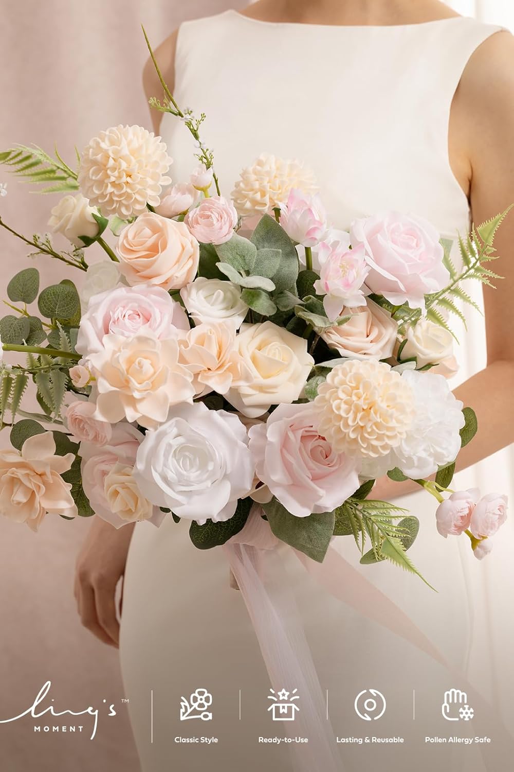 Ling's moment Blush Pink Bridal Bouquet Cascading, Coral Wedding Bouquets for Bride, 15 Inch Free Form Artificial Wedding Flower Bouquet