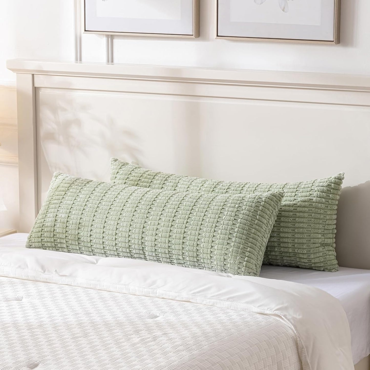 Fancy Homi Sage Green Long Lumbar Decorative Throw Pillow Covers 20x54 Inch for Bed Couch Bedroom, Soft Corduroy Rectangle Solid Cushion Case 50x137 cm, Rustic Farmhouse Boho Room Decor