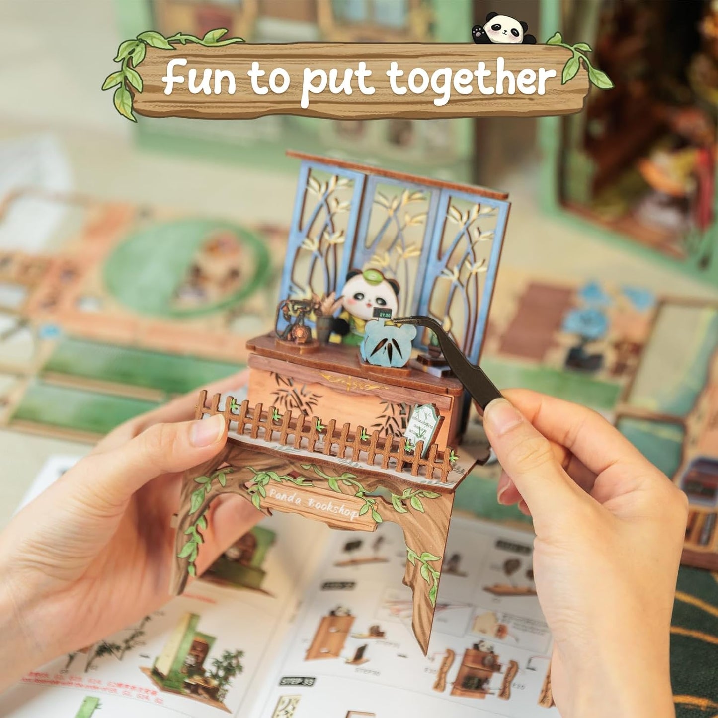 Cutefun DIY Book Nook Kit - Dollhouse Bookend Tiny House for Adults, 3D Wooden Puzzle DIY Miniature House Kit for Bookshelf Insert Decoration, Gifts for Friends and Family（Panda Bookshop）