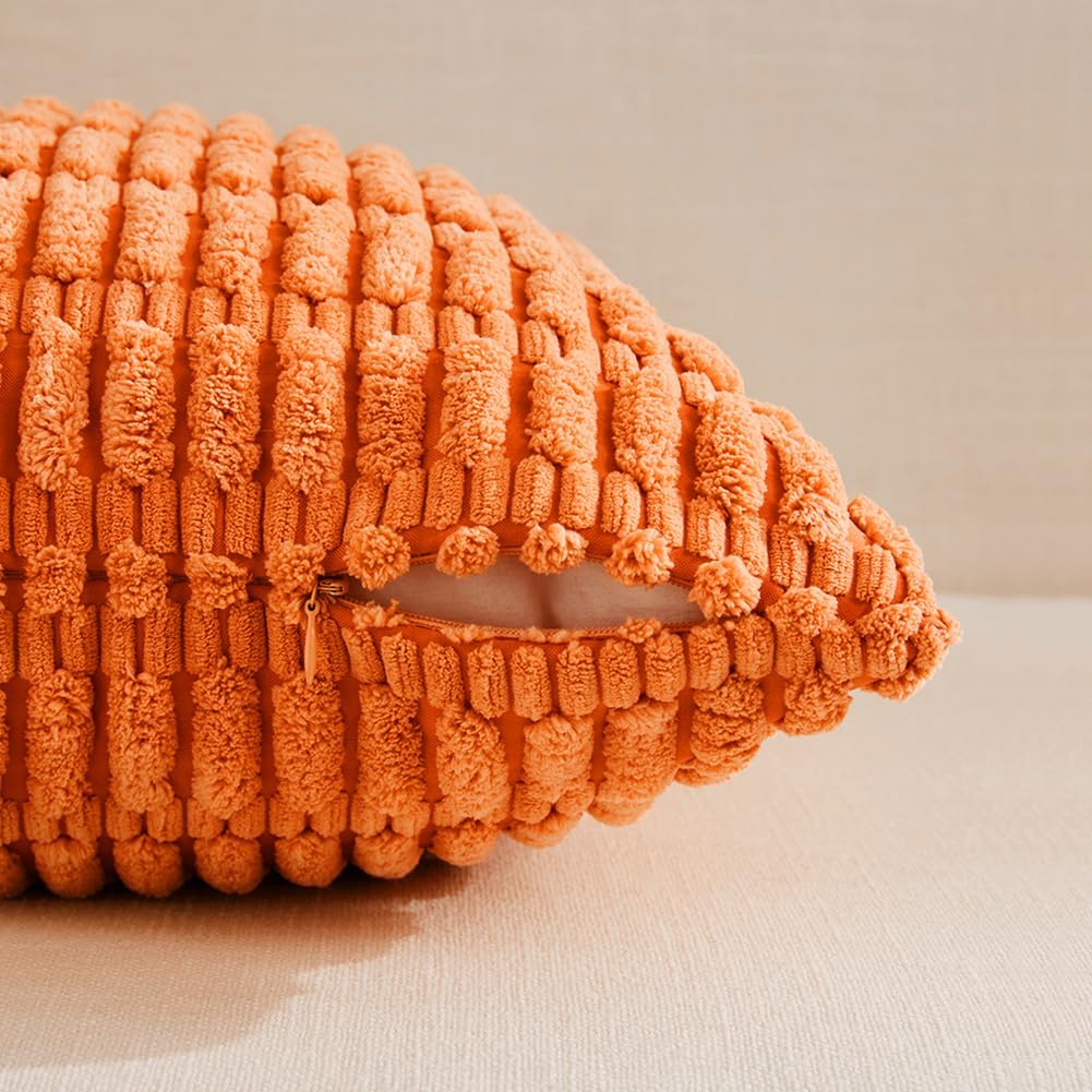 Fancy Homi 4 Packs Orange Fall Decorative Throw Pillow Covers 18x18 Inch for Couch Living Room Bed Sofa, Halloween Pumpkin Autumn Home Decor, Soft Cute Plush Corduroy Striped Cushion Case 45x45 CM