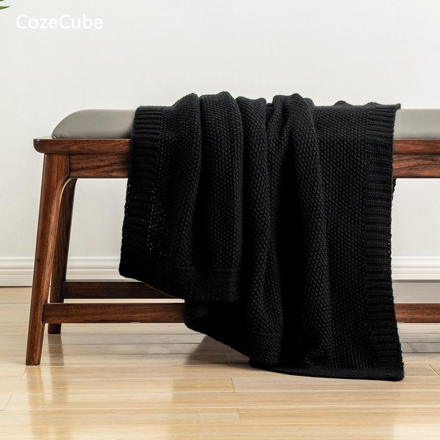 CozeCube Black Throw Blanket for Couch, Soft Cozy Cable Knit Throw for Bed Sofa Living Room, Lightweight Warm Decorative Farmhouse Christmas Blanket, 60"x80", Jet Black