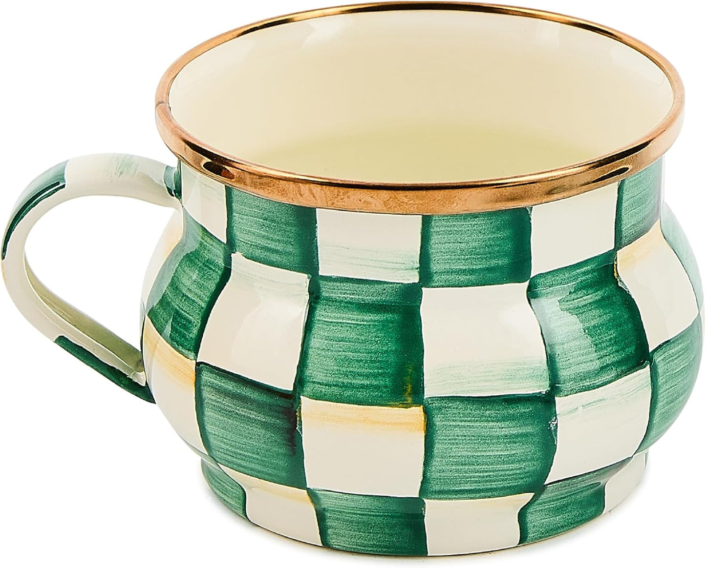 MACKENZIE-CHILDS Enamel Teacup, Unique Coffee and Tea Mug, Enamel Cup for Hot Tea, Green-and-White Emerald Check