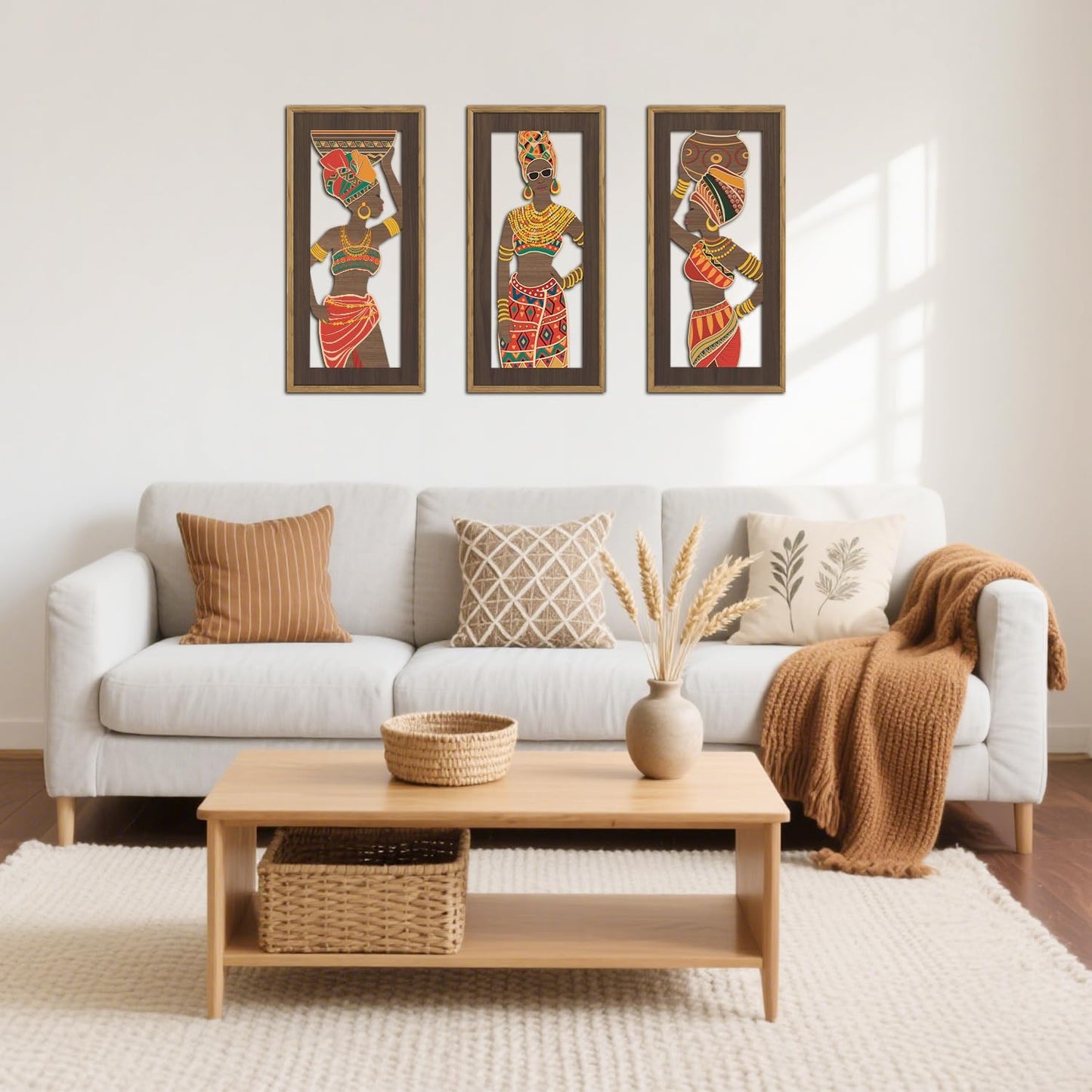 KAIRNE Abstract African American Wall Art,Black People Wooden Wall Art,Set of 3(8”X16”),Black Women Wood Hanging Decor,Traditional African Tribe Artwork for Living Room Kitchen Bedroom Decor,Framed