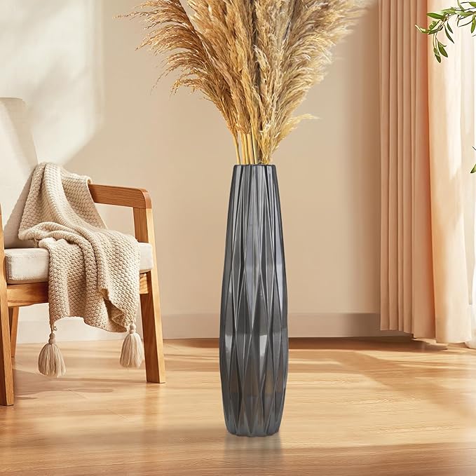 Silvery Ceramic Tall Floor Vase,24 Inch Large Modern Flower Vases for Home Décor,Wicker Big Floor Vase Decorations for Farmhouse, Living Room,Bedroom,Standing Plastic Vase Decorative Tall