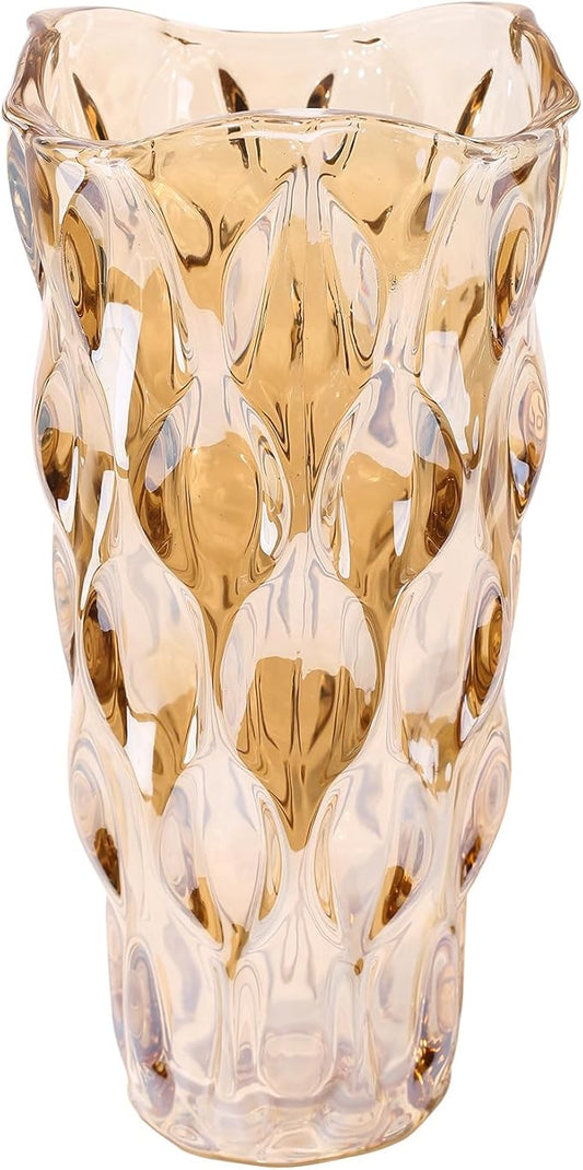 Amber Glass Vase, Thickened Cylindrical, Modern Boho Style, Handmade Decorative Flower Vase for Centerpiece Dining Table, Wedding, Holiday Party, 11.6 Inches Tall