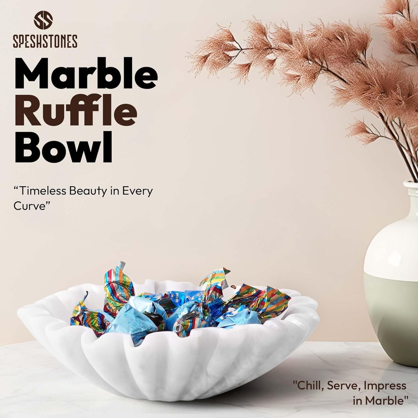 Marble Ruffle Bowl 8 Inch Handmade White Large Decorative Bowls for Home Decor - Scalloped Fruit Bowl for Kitchen Counter, Fluted Bowls for Housewarming Gifts & Coffee Table Decor