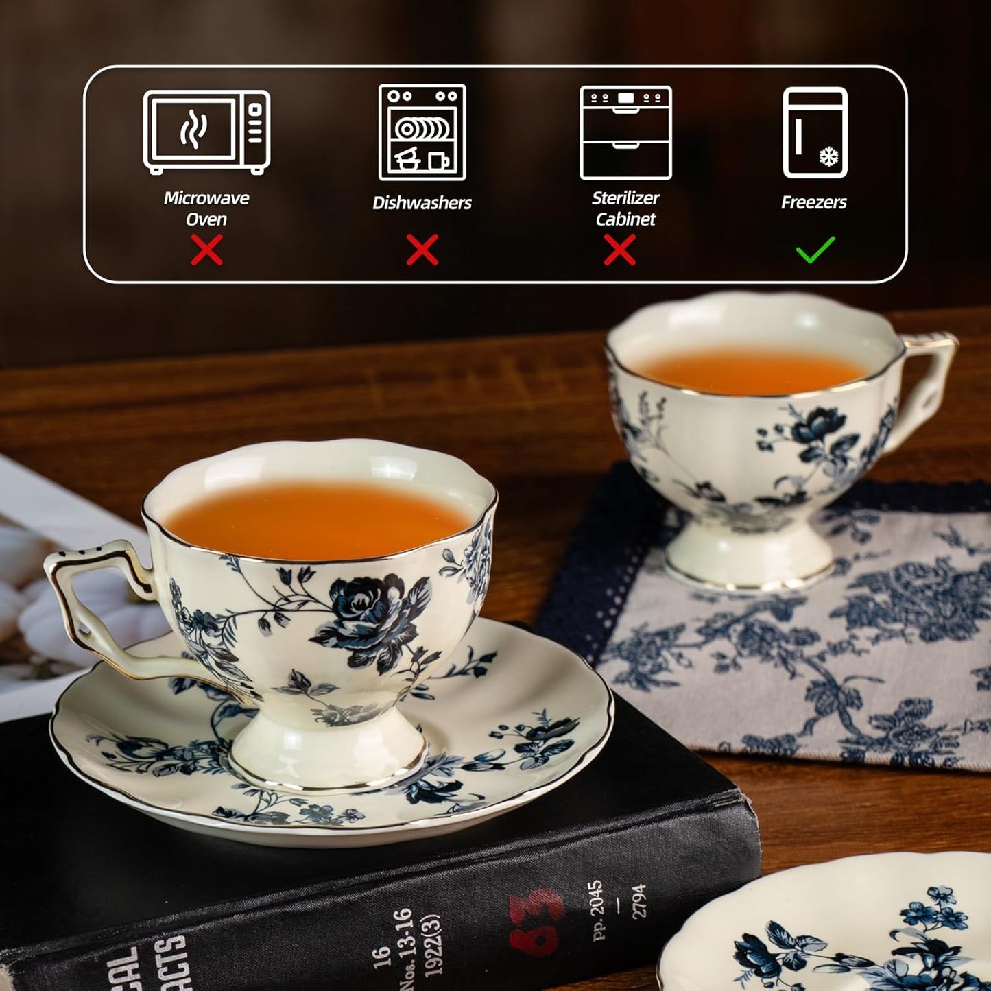 KAMMAK Tea Cups and Saucers Set of 2, Porcelain Coffee Cups, 6.8-Ounce Stackable Espresso Mugs, Ceramic Demitasse for Coffee, Latte, Americano, Tea, Blue Orchid