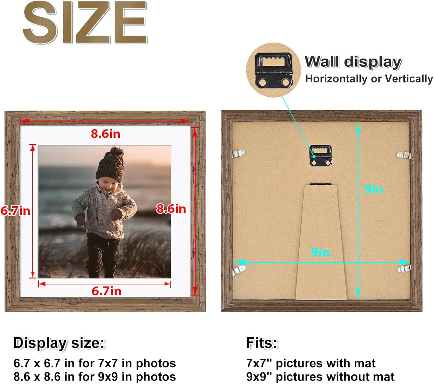 KINLINK 9x9 Picture Frame, Brown Square Solid Wood Frames for Pictures 7x7 with Mat or 9x9 without Mat, Wall and Tabletop Display Photo Frames Brown Wood 4 Pack