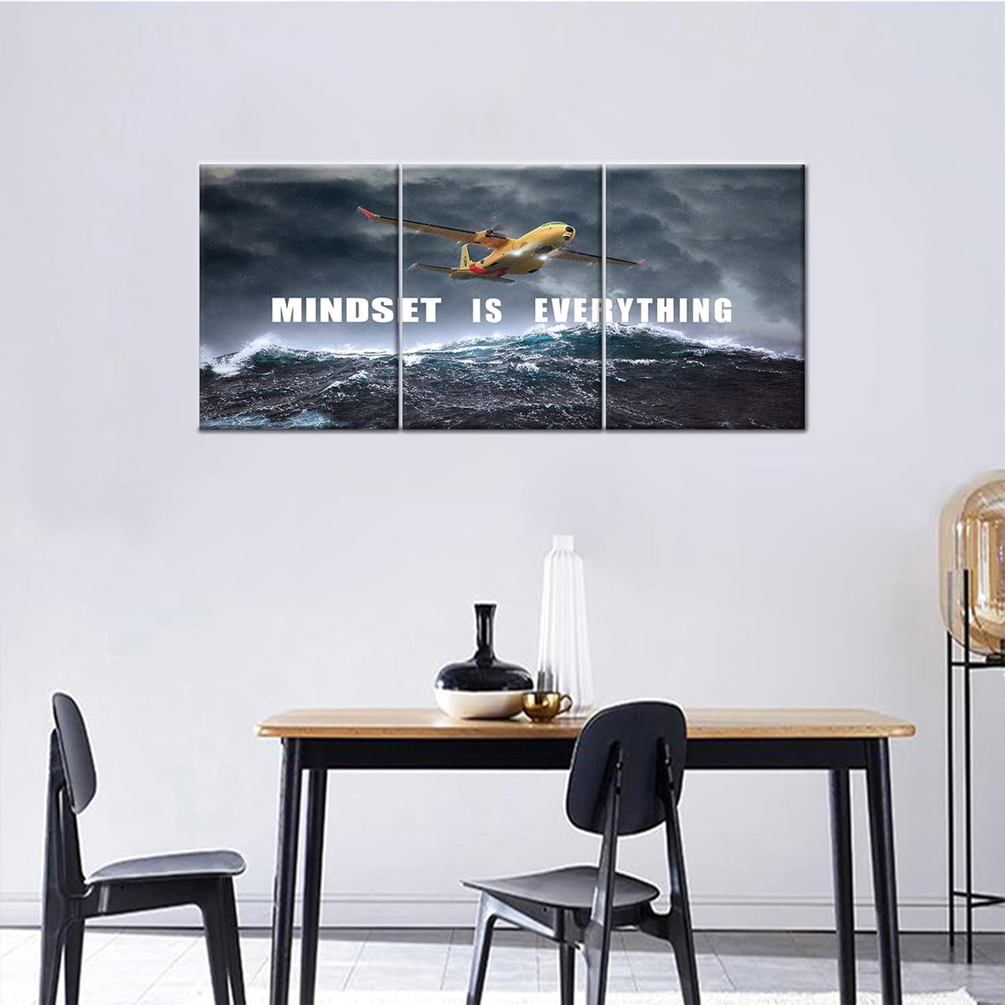 Inspirational Wall Art Rainstorm Airplane Mindset is Everything Canvas Pictures Painting Motivational Posters Inspiring Success Quotes for Office Wall Decor Print Artwork Ready to Hang [36''W x 16''H]