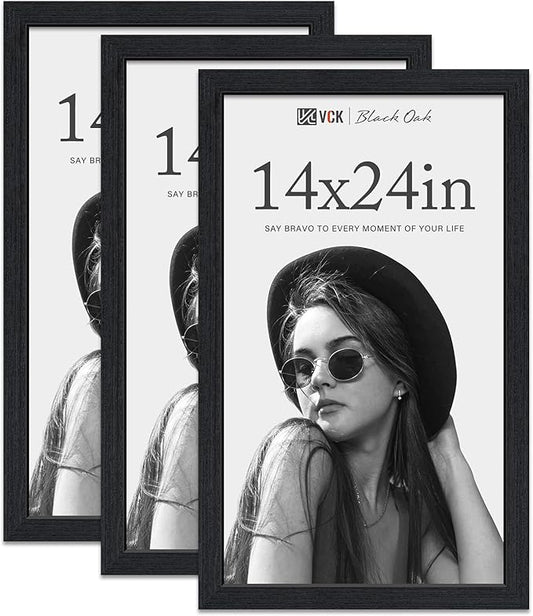 VCK 14x24 Frame for Poster & Picture - Black Oak 3 Pack, Natural Textured Solid Wood Frame, Wall Hanging