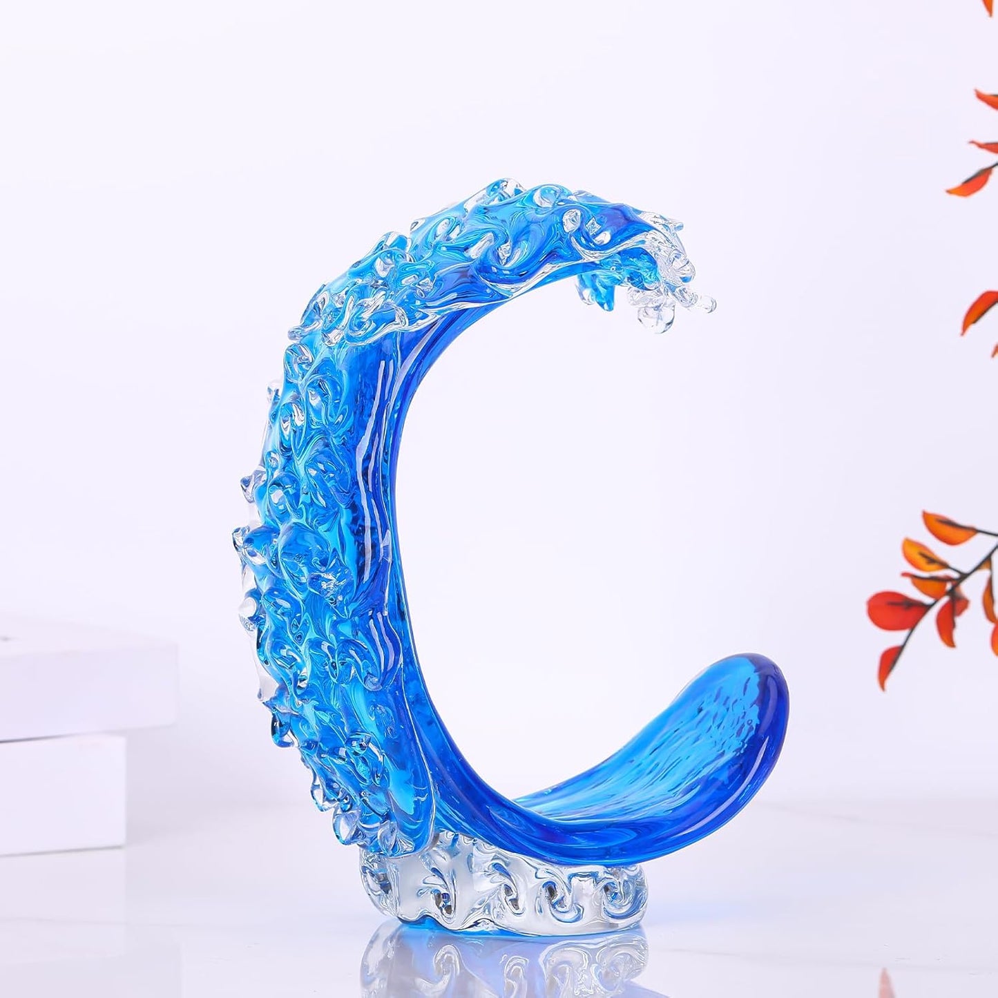 LCCCK Blue Glass Beach House Decor, Hand Blown Ocean Wave Decorate, Tall Blue Glass Sculpture Home Decor, Ocean Wave Fused Art Figurines, for Sea Art Beach Coastal Nautical Office Surfers Gifts