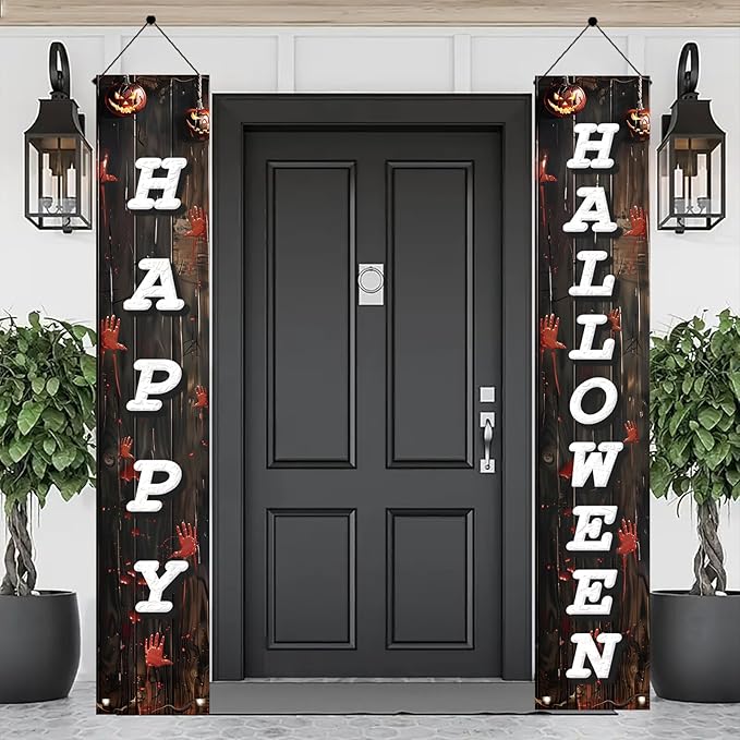 2PCS Halloween Porch Banner Decorations 71 x 12 Inch Happy Halloween Vertical Hanging Sign Scary Bloody Handprint Front Door Banner for Outdoor Haunted House Yard Party Wall Decor