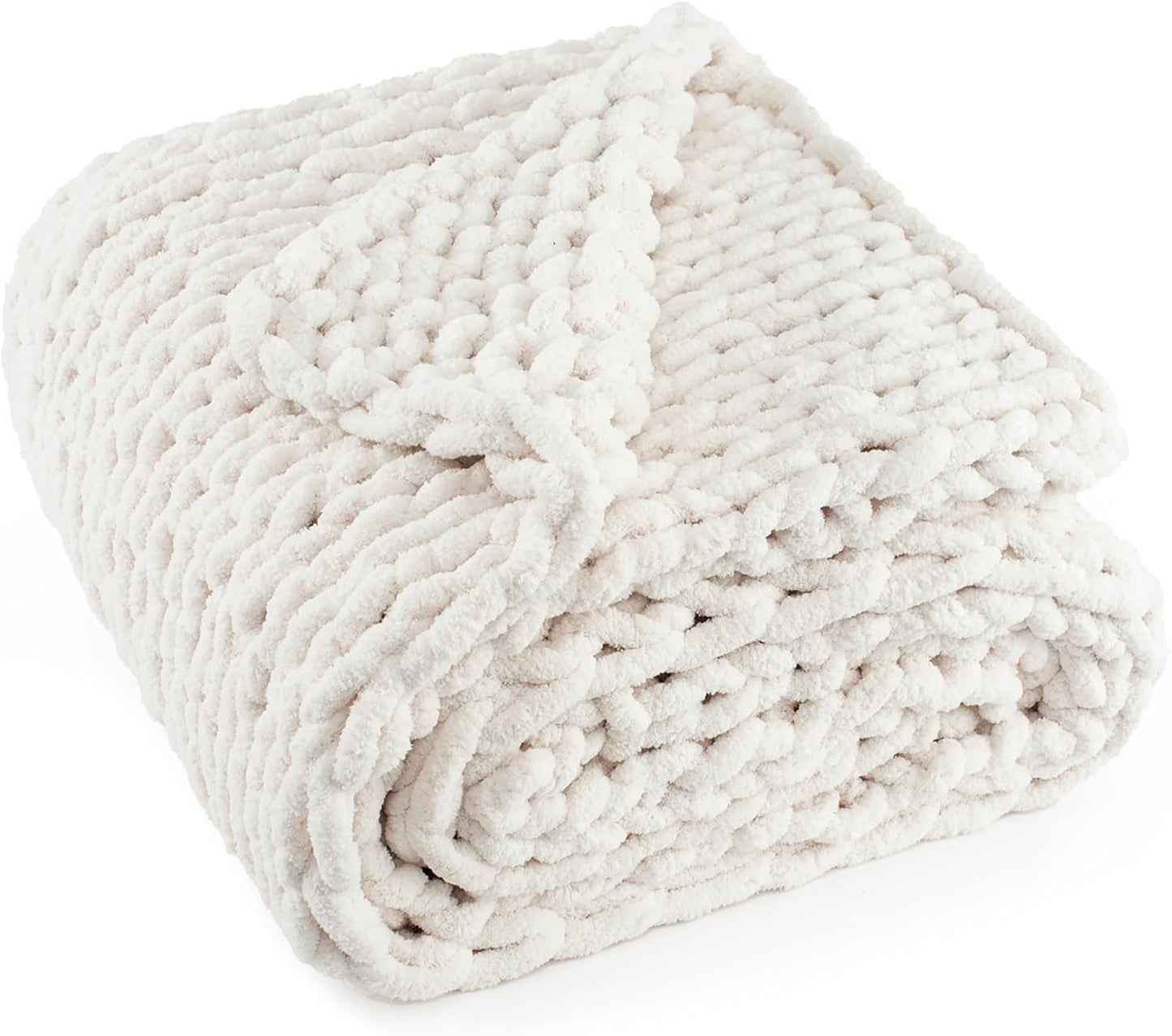Chunky Knit Throw Blanket 60"X 80", 100% Handmade with Soft Chenille Yarn, 6.7lbs Thick Cable Knitted Blankets, Large Rope Knot Crochet Throws for Couch Sofa Bed Home Decor, Cream White