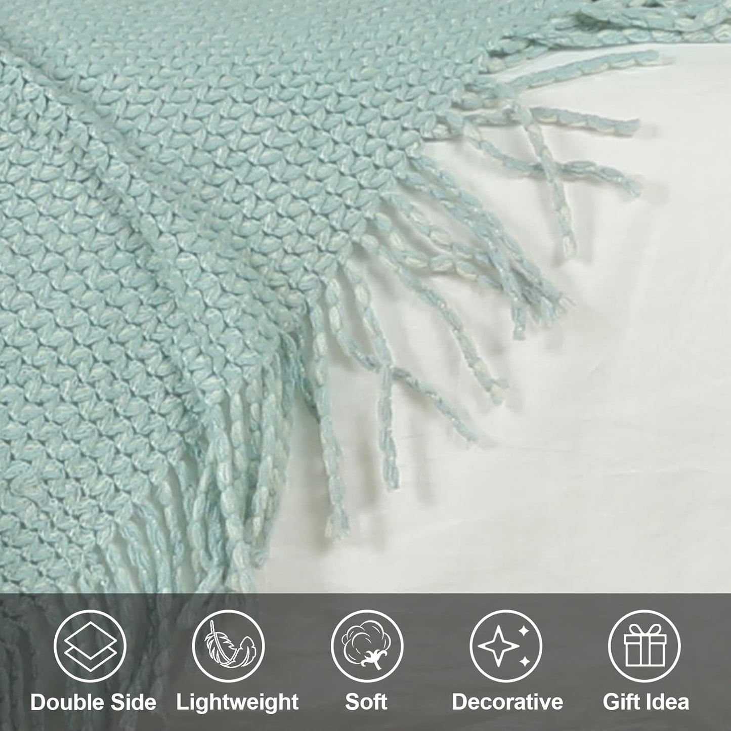 Blagic Knitted Throw Blanket for Couch, Soft Farmhouse Throw Blanket with Tassels,Home Decorative Lightweight Blankets,Spring Throws for Bed/Chair/Sofa,Wheat Textured (Light Blue&White,50" W x 60" L)