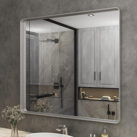 ISKM Silver Framed Mirror for Wal Bathroom Mirror for Wall 40" x 36" Matte Framed Vanity Mirror, Shatter-Proof, Tempered Glass, Rounded Rectangle Mirror(Horizontal/Vertical)