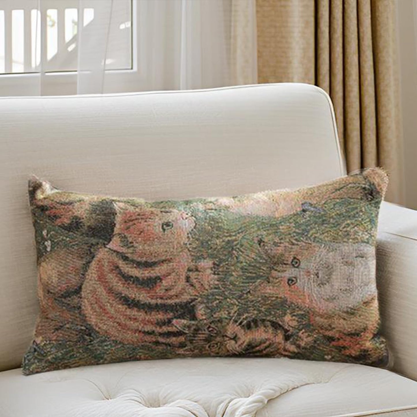 Cute Cat Garden Lumbar Throw Pillow Cover 12x 20, Art Painting Linen Pillow Cushion Cases, Farmhouse Decorative Pillows for Bed, Outdoor Couch Bedroom Car Green