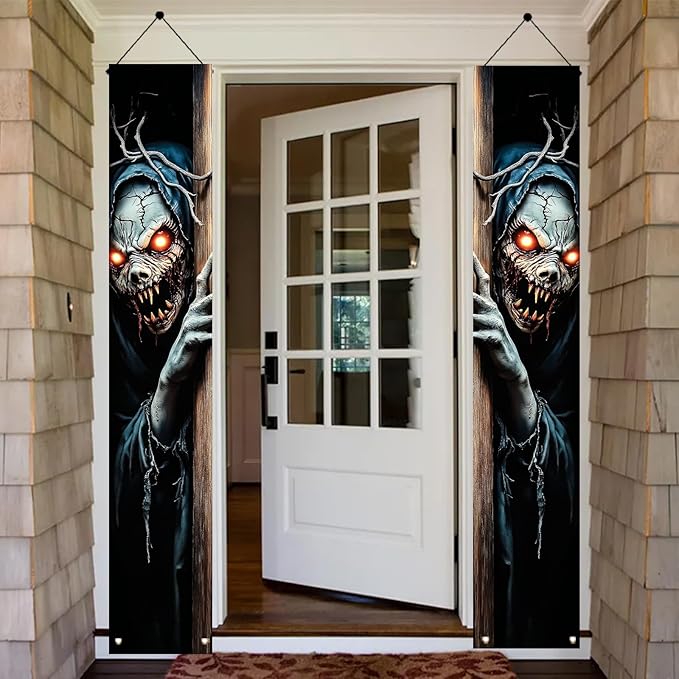 2PCS Halloween Porch Banner Scary Skeleton Demon Vertical Hanging Decorations for Front Door Outdoor Horror Welcome Door Sign Spooky Party Decor Haunted House Entrance Backdrop 71 x 12 Inch