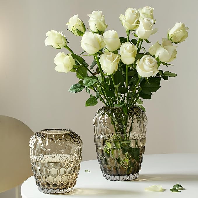 Grape Bubble Glass Vase for Flowers, Large Vintage and Clear Black Colored Smoke Glass Vases for Modern Home Decor (Crystal Grey 6.5" W X8.7 H)