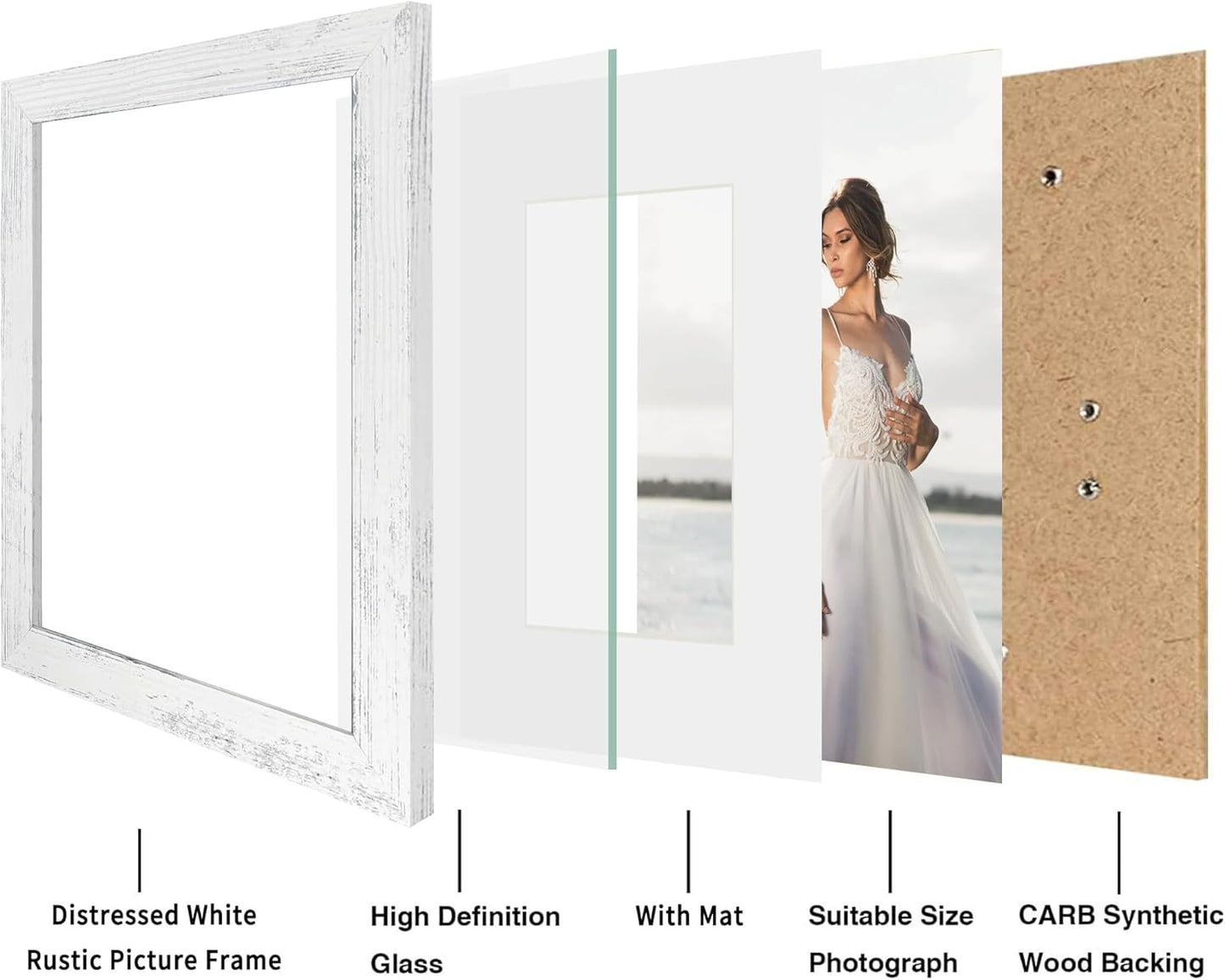 iRahmen 8x10 Picture Frame Set of 2, Distressed White Wood Photo Frame with Real Glass, Display Pictures 5x7 with Mat or 8 x 10 without Mat for Tabletop or Wall Mounting