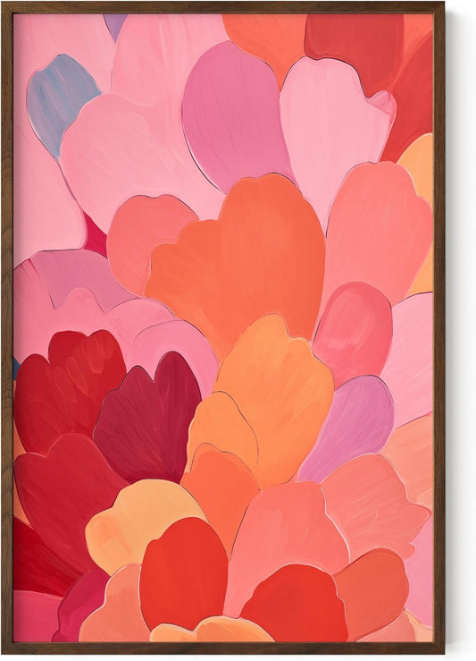 HAUS AND HUES Colorful Abstract Wall Art - Minimalist Retro Picture for Living Room Decor, Red and Pink Modern Wall Art Painting (Petals 1, Walnut Frame, 24x36)