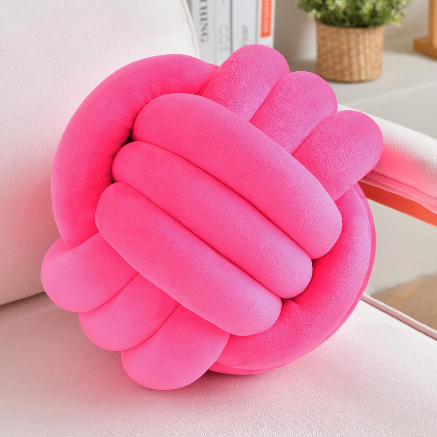 Decorative Throw Knot Pillow Ball for Home Chair Sofa Couch Bed Aesthetic Round Velvet Knotted Pillow Cushion (Hot Pink, 8inches)