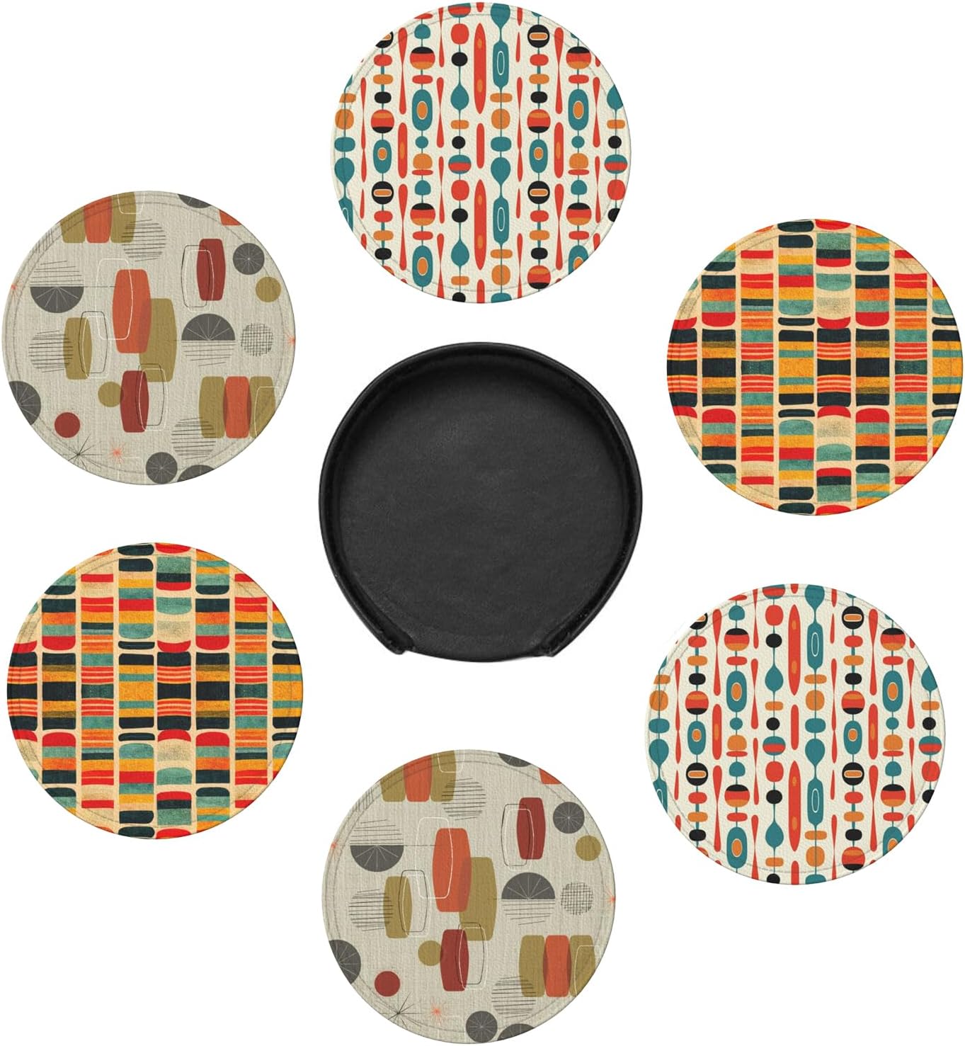 Mid Century Modern Style Leather Drinks Coasters with Holder, Set of 6, Suitable for Various Cups