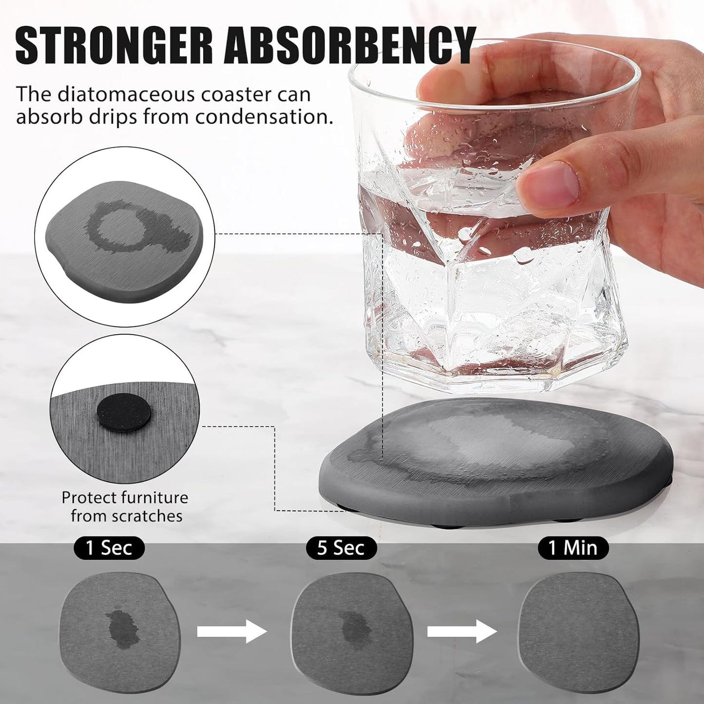 Diatomaceous Earth Coaster ，Set of 4，Unique White Absorbent Coasters for Drinks，Modern Aesthetic Instant Dry Stone Drink Coasters（4,Grey）