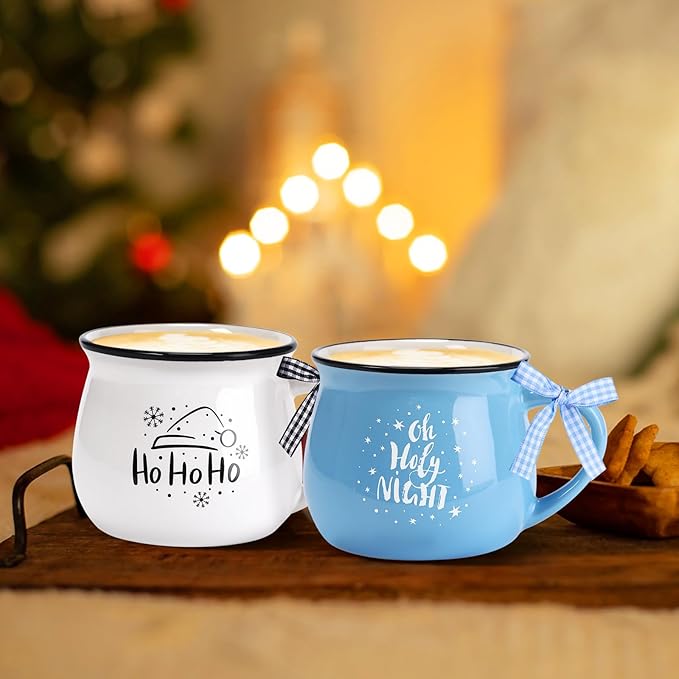 Zubebe Christmas Coffee Mugs Set of 12, 12 oz Hot Cocoa Ceramic Holiday Mugs Set for Mom, Woman, Family, Friend - Farmhouse Tiered Tray Decor, Coffee Bar Decor(Blue, White, Black)