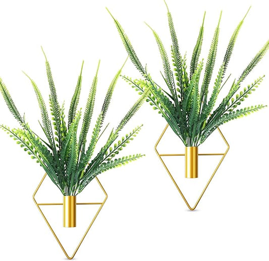 2 Pieces Gold Wall Decor Hanging Planters with Artificial Plants Metal Vase Indoor Plants Holder Modern Geometric Wall Art for Home Bathroom Bedroom Living Room Office(Boston Fern,Large)