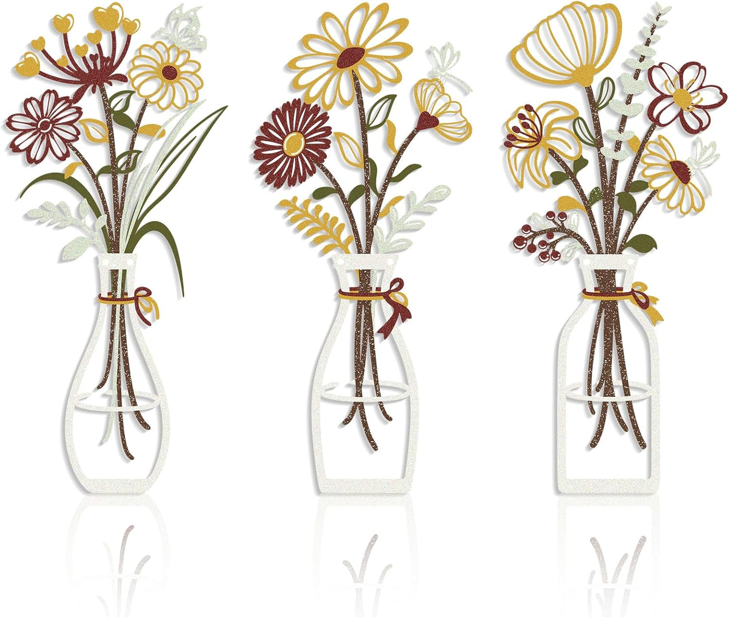 Iron Metal Vase Flower Wall Art Set of 3 - Minimalist Black Floral Decor for Living Room Bedroom Kitchen, Office Garden - Modern Farmhouse Home Decor & Housewarming Gifts (Yellow-Brown)