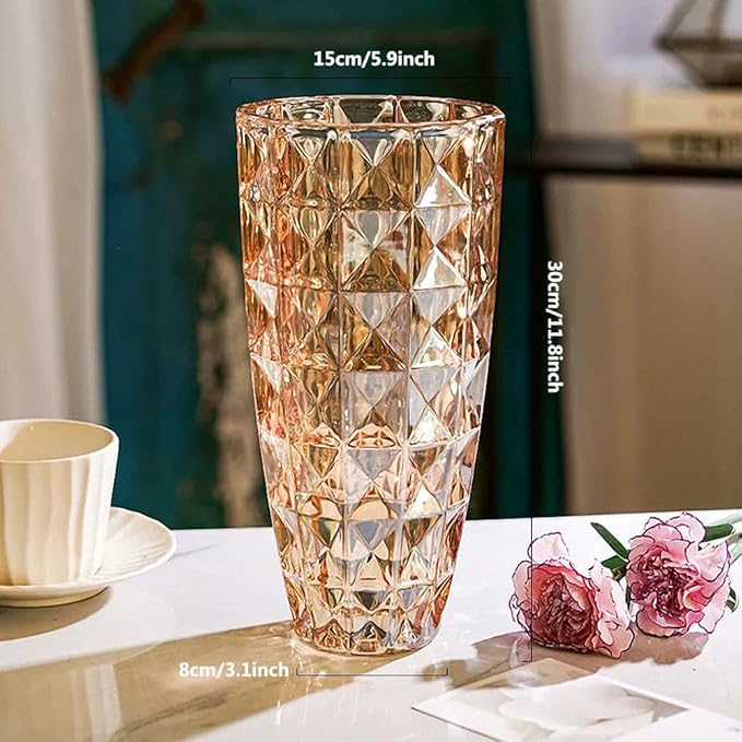 Unique Diamond-Shaped Amber Color Glass Flower Vase 11.8" Tall for Home Decor, Dining Wedding Table Office Holiday Party Centerpiece Decoration.