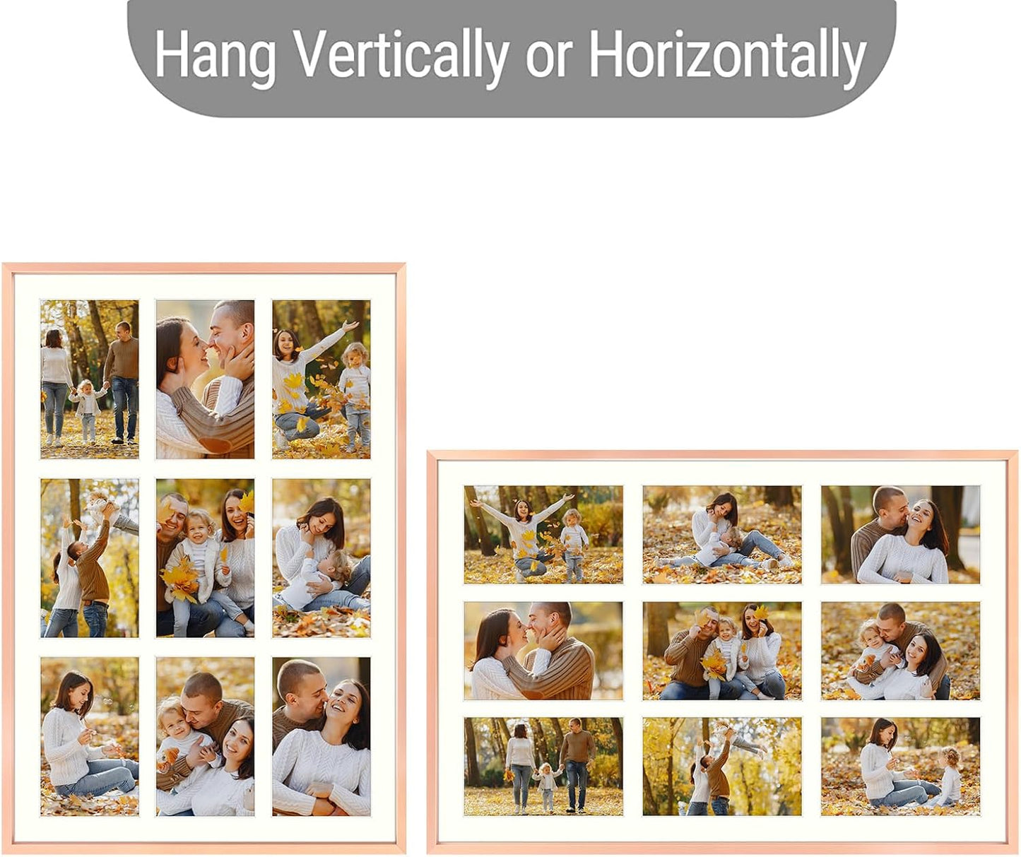 Frametory - 13.6x19.7 Aluminum Collage Picture Frame - Display 4x6 Pictures with 9 Openings Mat - Real Glass Front - Horizontal/Vertical Wall Mount - Rose Gold 1 Pack