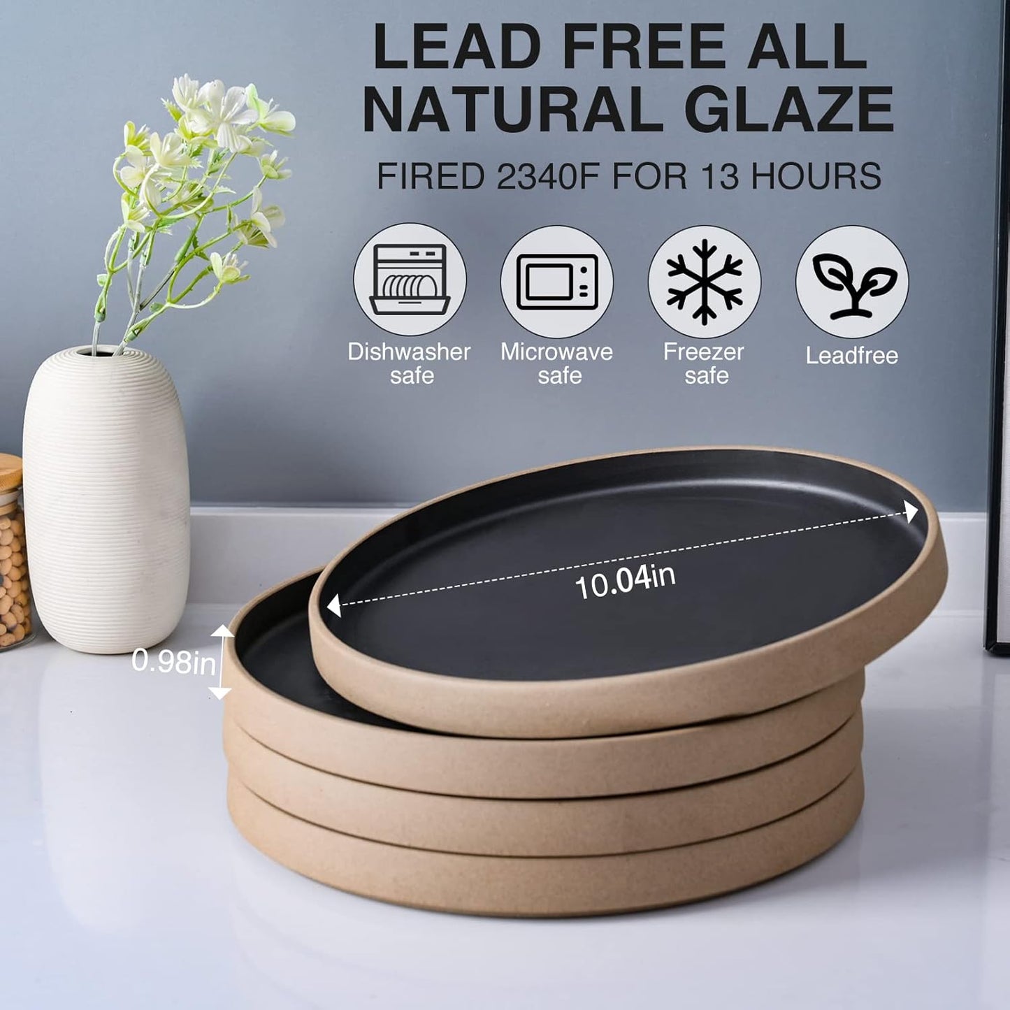 Dinner Ceramic black Plates (set of 4), 10 inch Black Porcelain Plates, Steak dinner plate, Kitchen Porcelain Serving Dishes for Salad, Pasta, Dessert, Microwave, and Dishwasher Safe