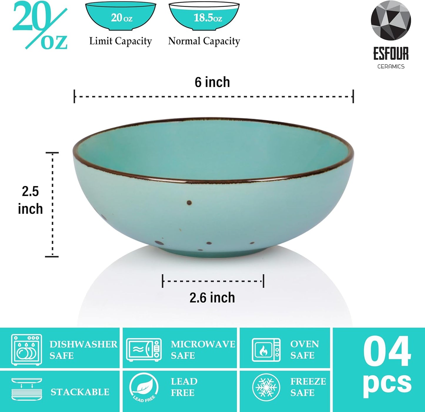 Esfour Round Porcelain Bowls - 20 Ounce - Set of 4 - Microwave, Oven, Dishwasher-Safe, Scratch Resistant, Porcelain Durable Small Dishes Bowls for Cereal, Salad, Pasta, Soup, Dessert - Assorted Vivid