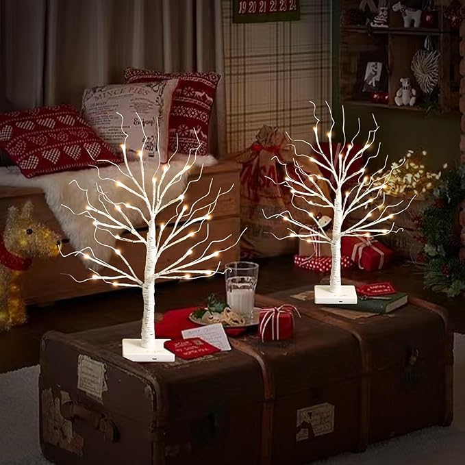 White Birch Tree with LED Lights, Christmas Decorations Lighted Tree for Tabletop, Battery Operated 24 LED Warm White Tree, 2FT Mini Small Christmas Tree Indoor Home Christmas Decor (2 Pack, Timer)