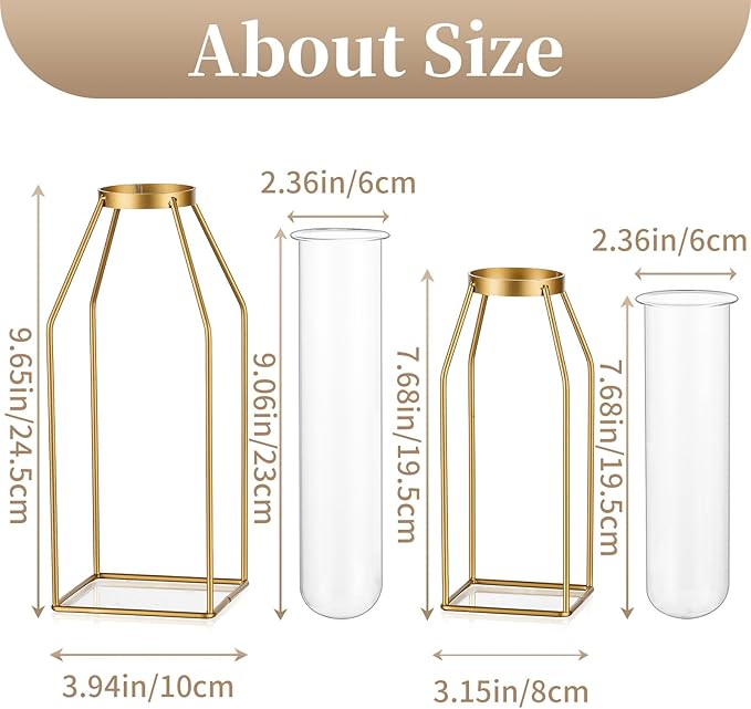 Sziqiqi Metal Flower Vase Table Decor - Gold Frame Vase with Glass Test Tubes 8"/10" Modern Bud Vase for Coffee Table Living Room Abstract Geometric Art Vase for Rose Hydroponic Plant Pampas