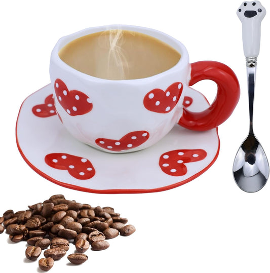 Cute Red Hearts Coffee Mugs Set - 250 ML Ceramic Cup Gifts for Women, Birthday, Tea, Coffee - Includes Saucer