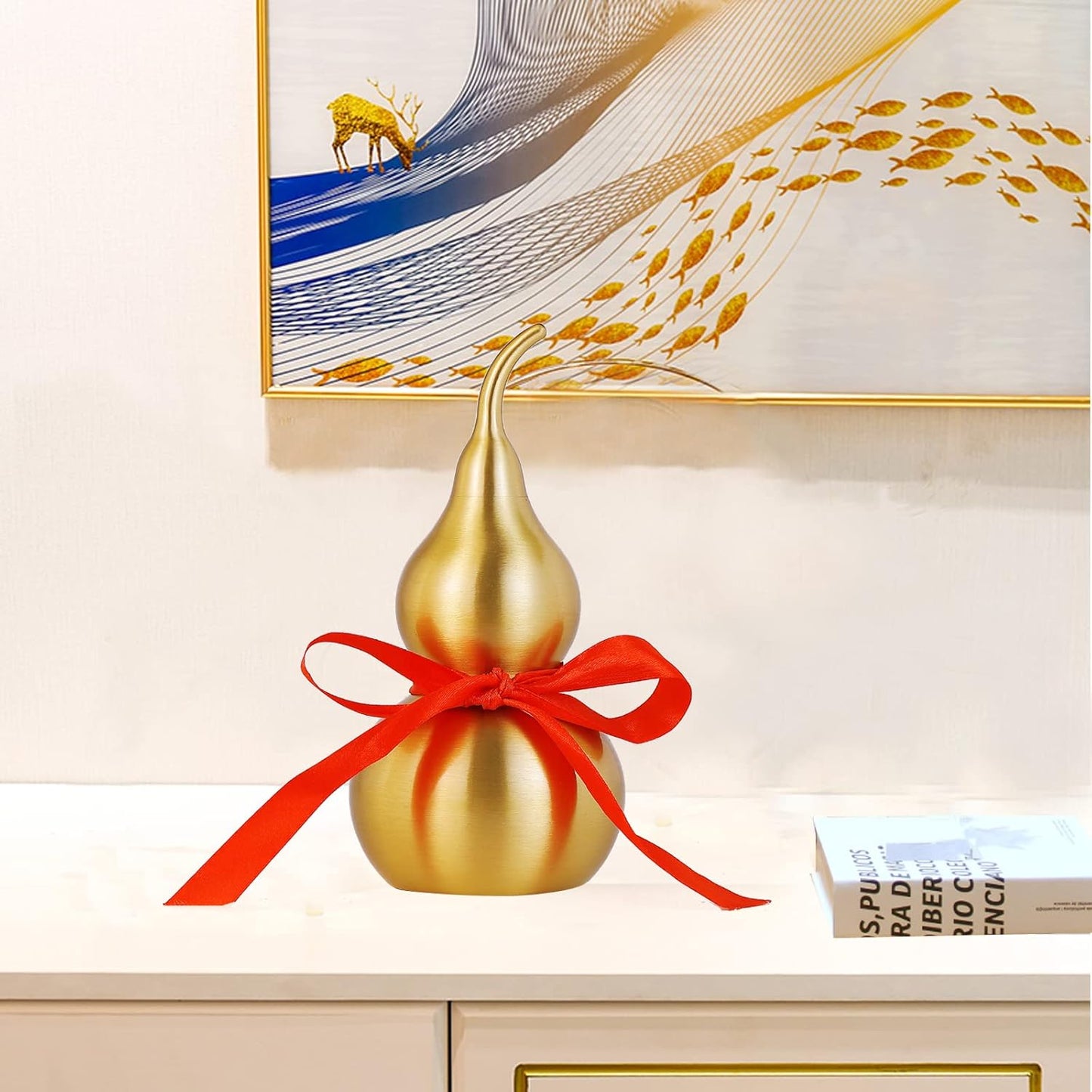 Feng Shui Wu Lou Brass Gourd with Red Luck Strip for Charm Prosperity Home Furnishing Decor, 7.87inch Tall, Full Brass, Fortune Protection, Bring Good Luck, Safty, Healthy, Success