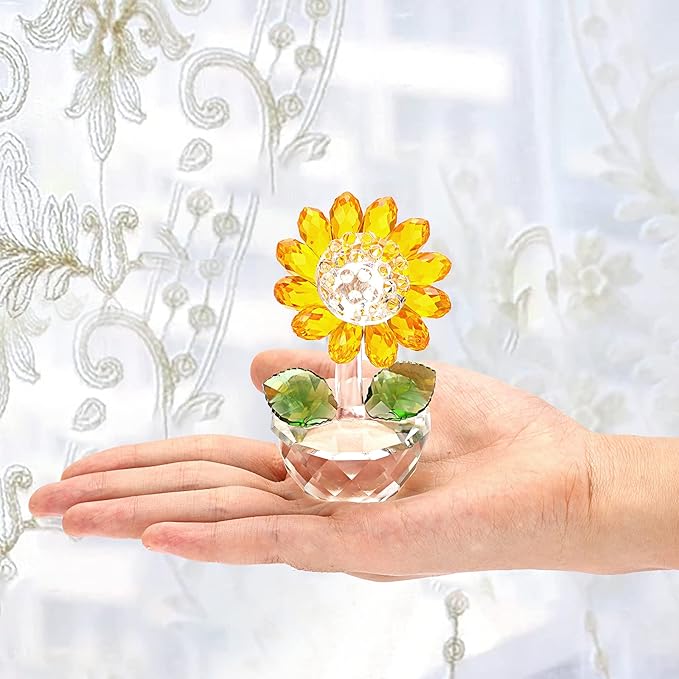 OwnMy Crystal Sunflower with Bud Glass Sunflower Figurine Collectible, Small Sunflower Ornament Paperweight Table Decoration with Gift Box, Glass Bouquet Flowers Centerpieces for Home Decors