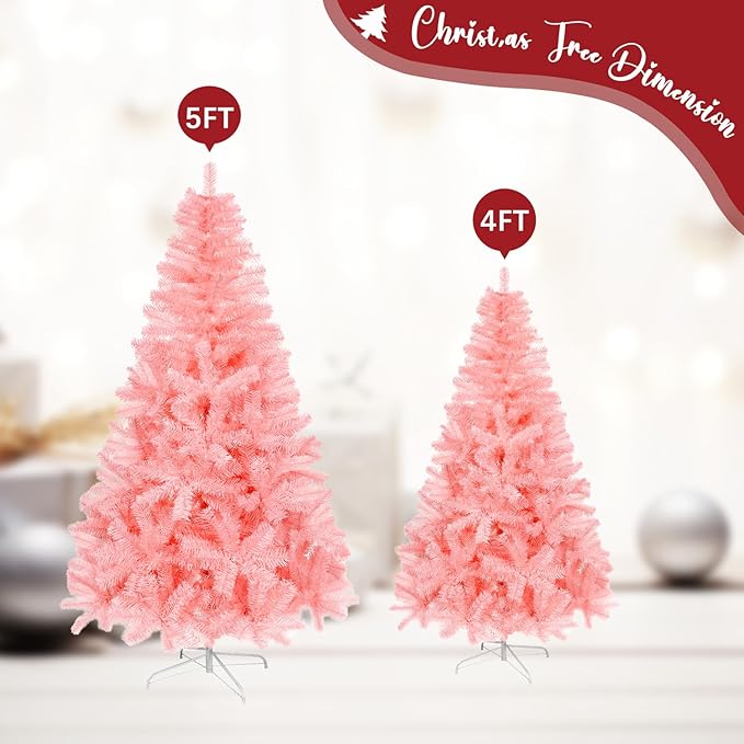 ULICO 5ft Artificial Pink Christmas Tree,Premium Spruce Xmas Tree with 600 Branch Tips, Fake Christmas Tree with Foldable Metal Base Stand,Home, Office,Party Decoration