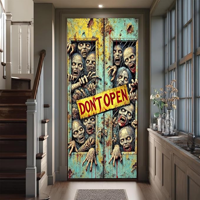 2D flat Zombie Don't Open Halloween Door Decorations Scary Door Banner Indoor Outdoor Horror Door Cover for Haunted House 71x35 Inch