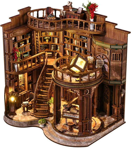 DIY Miniature House Kit, Book Nook Kit, 3D Wooden Puzzles Bookshelf Craft Kits, Dollhouse Kit with LED Light, Mini Building Kit for Adults Teen to Build (Dreamy Book Hall)