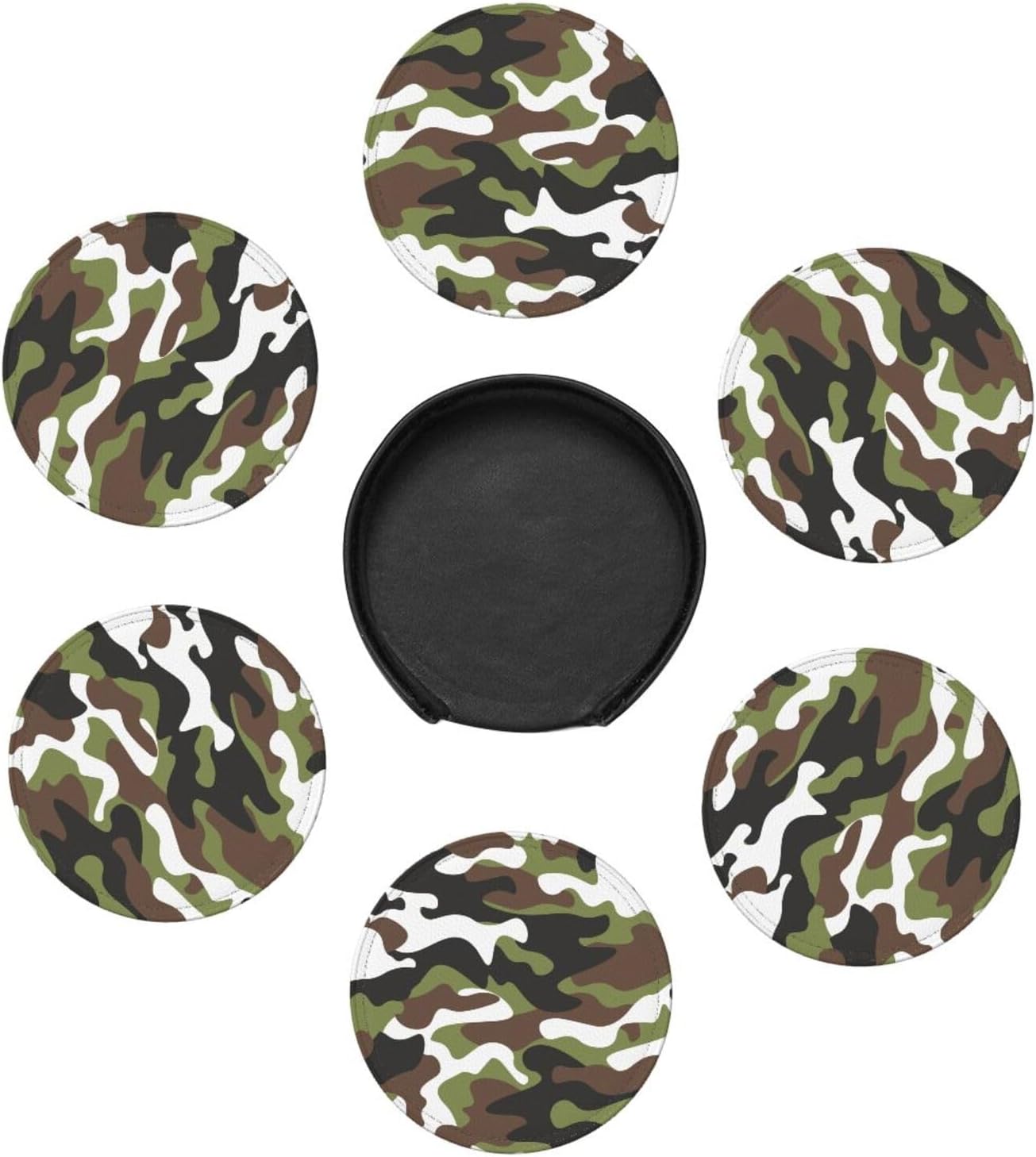 Drink Coasters with Holder Stand Set of 6, Camouflage Pu Leather Absorbent Coasters with Cork Base Table Round Coaster for Housewarming Apartment Kitchen Bar Decor