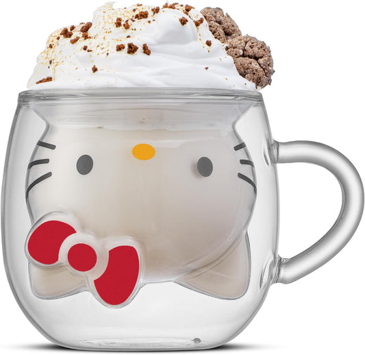 JoyJolt Hello Kitty 3D Espresso Cup, 5.5 oz Double Wall Glass Cup with 3D Design, Insulated Espresso Shot Glass, Kawaii Sanrio Cup for Double Shot Coffee or Tea, Hello Kitty Kitchen Stuff